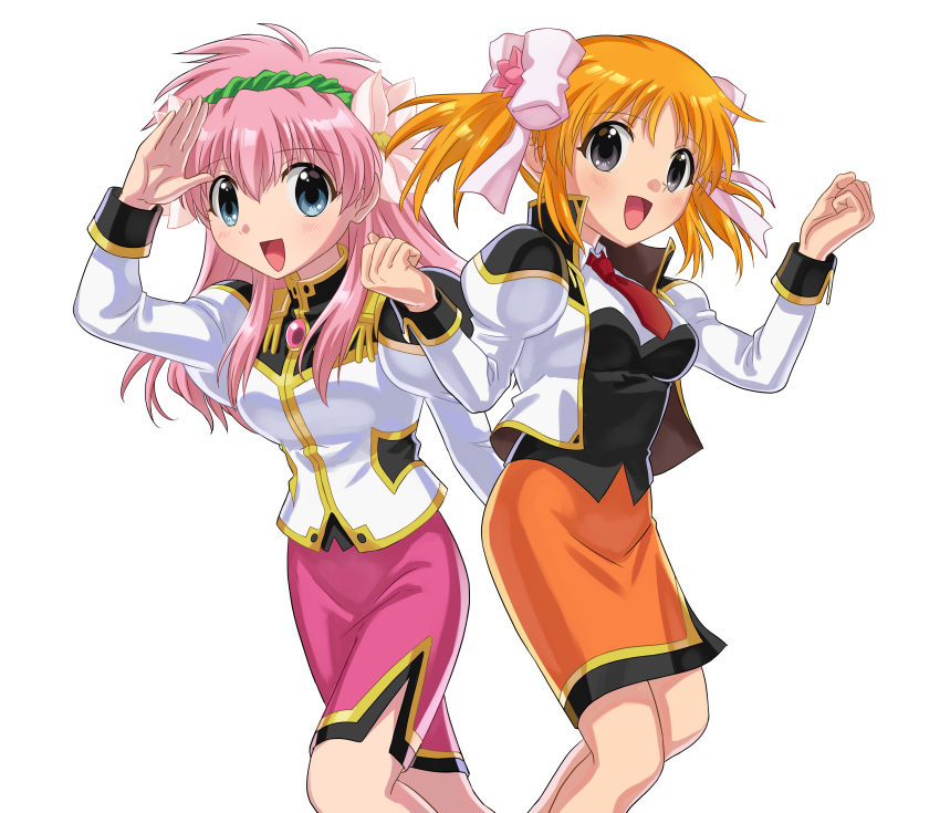 2girls, absurdres, apricot_sakuraba, arm_up, arms_up, blue_eyes, bow, breasts
