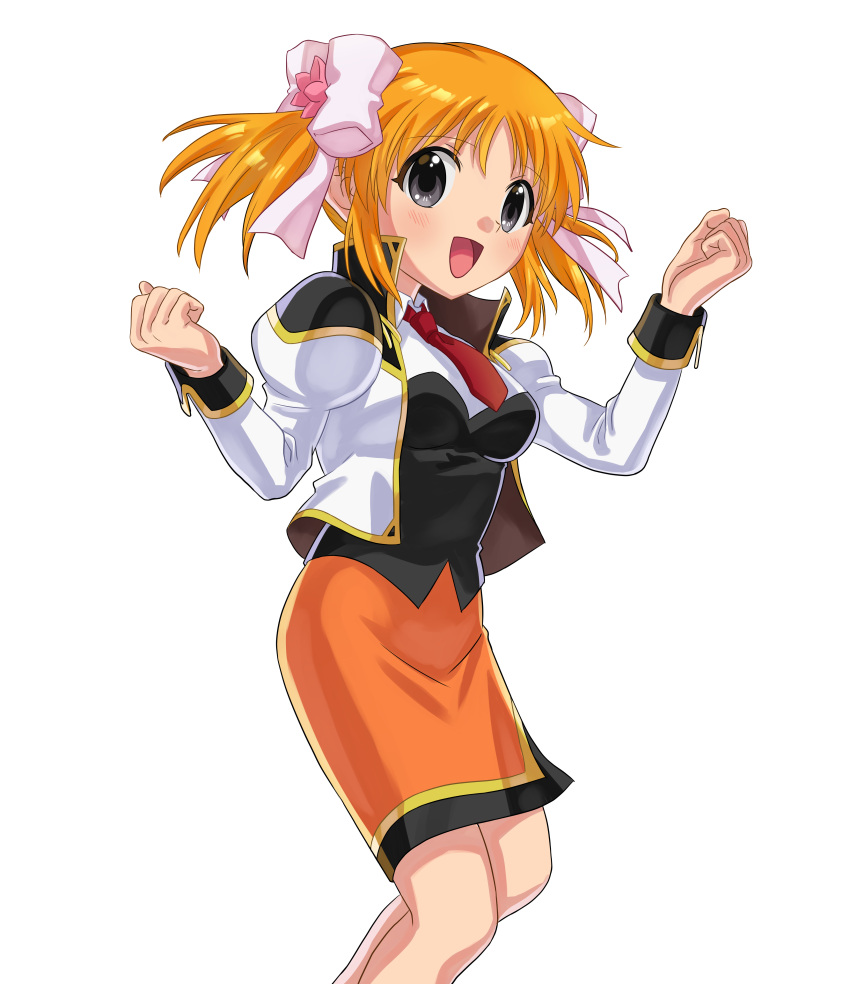 1girl, absurdres, apricot_sakuraba, arms_up, bow, breasts, cowboy_shot, galaxy_angel, galaxy_angel_rune, grey_eyes, hair_bow, hair_ornament, highres, jacket, kitaru, long_sleeves, looking_at_viewer, medium_breasts, military_uniform, necktie, open_clothes, open_jacket, open_mouth, orange_hair, orange_skirt, pencil_skirt, pink_bow, red_necktie, short_twintails, sidelocks, skirt, smile, solo, twintails