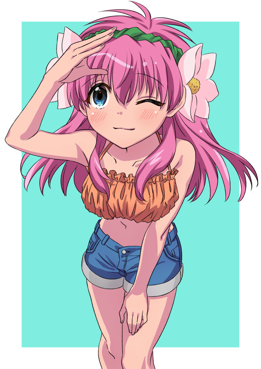 1girl, absurdres, arm_up, bare_shoulders, bikini, blue_eyes, blue_shorts, breasts