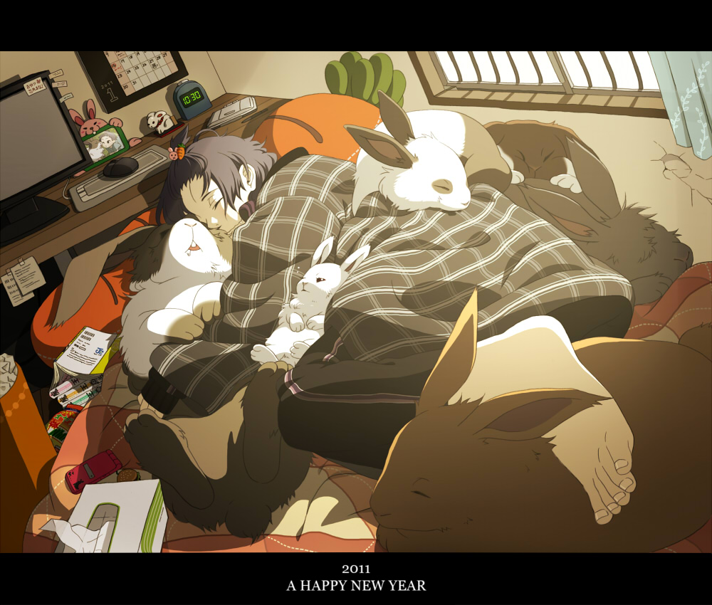 adventure_kajiya04, androgynous, animal, bad_id, barefoot, bed, book, bunny