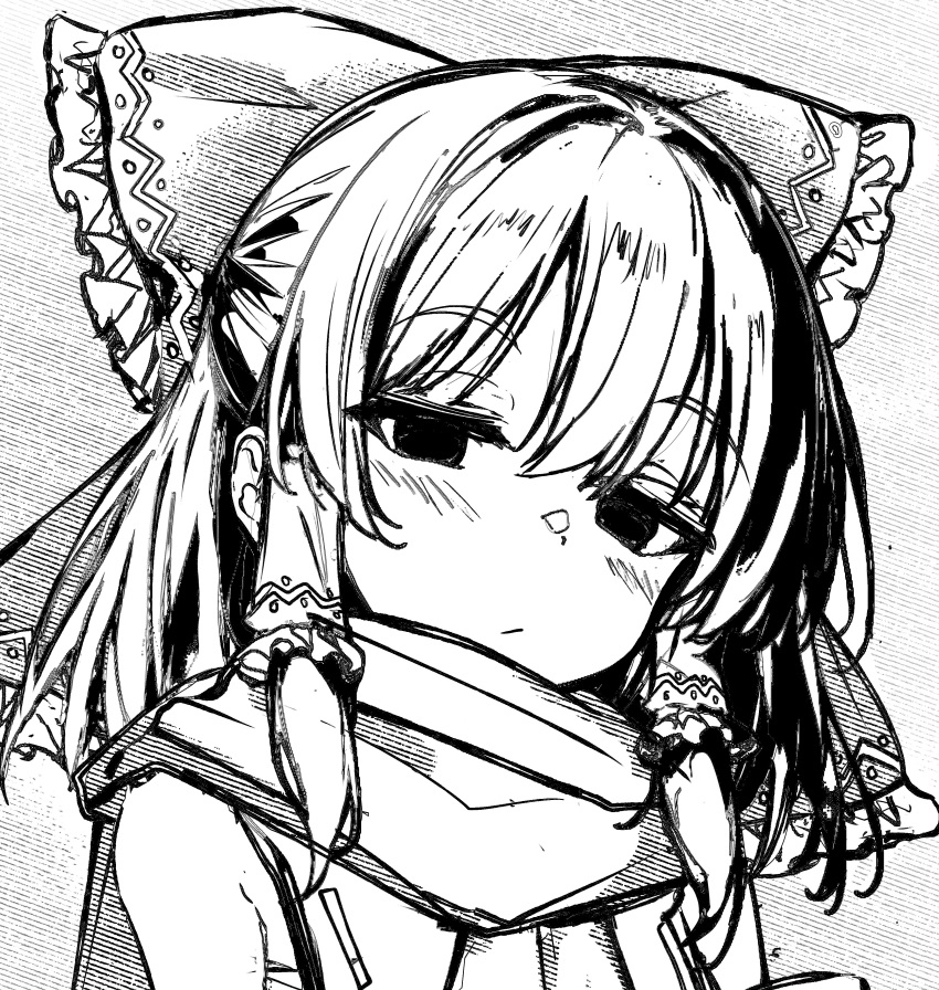 1girl, :/, absurdres, bow, chest_sarashi, closed_mouth, frilled_bow, frills