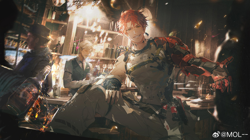 3boys, alcohol, bar_(place), belt, dog_tags, earrings, explosive, grenade