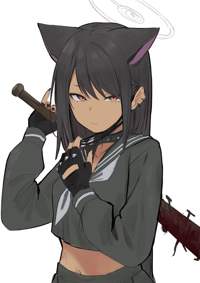 1girl, alternate_costume, alternate_skin_color, animal_ears, baseball_bat, black_gloves, black_hair, black_mask, black_sailor_collar, blue_archive, choker, closed_mouth, crop_top, dark_persona, delinquent, ear_piercing, ggaebchun, gloves, hair_between_eyes, halo, highres, holding, holding_baseball_bat, holding_weapon, kazusa_(blue_archive), long_sleeves, looking_at_viewer, mask, mask_pull, nail_(hardware), nail_bat, nail_polish, neckerchief, piercing, pleated_skirt, red_eyes, red_nails, sailor_collar, simple_background, skirt, solo, spiked_choker, spikes, tan, weapon, white_background