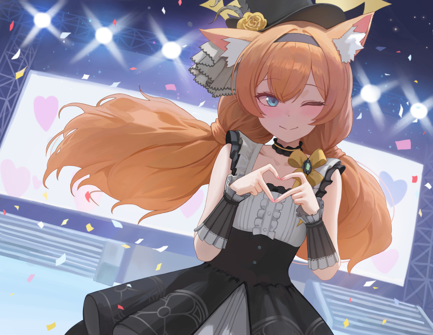 1girl, ;), absurdres, animal_ears, black_hairband, black_hat, blue_archive, blue_eyes, commentary_request, flower, hairband, halo, hat, heart, heart_hands, highres, junmin, looking_at_viewer, low_twintails, mari_(blue_archive), mari_(idol)_(blue_archive), one_eye_closed, rose, smile, twintails, yellow_flower, yellow_halo, yellow_rose