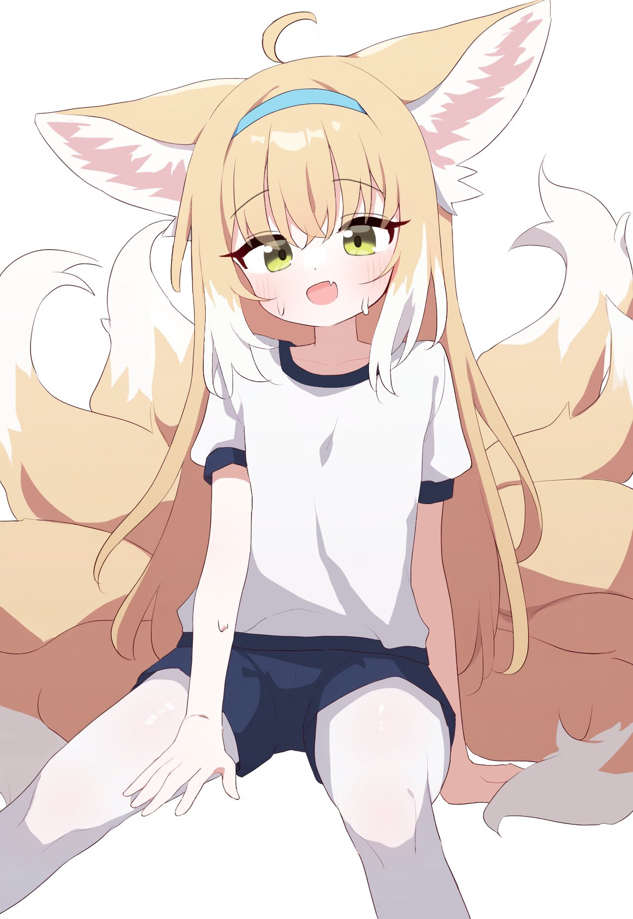 :d, arknights, auto_ins, black_pants, blonde_hair, blue_hairband, fox_girl, fox_tail
