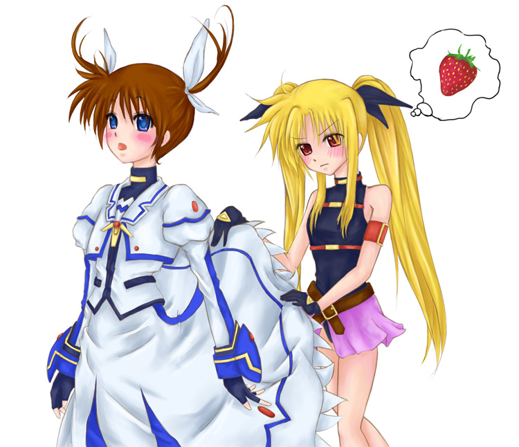 blonde_hair, blue_eyes, blush, brown_hair, fate_testarossa, fingerless_gloves, food, fruit