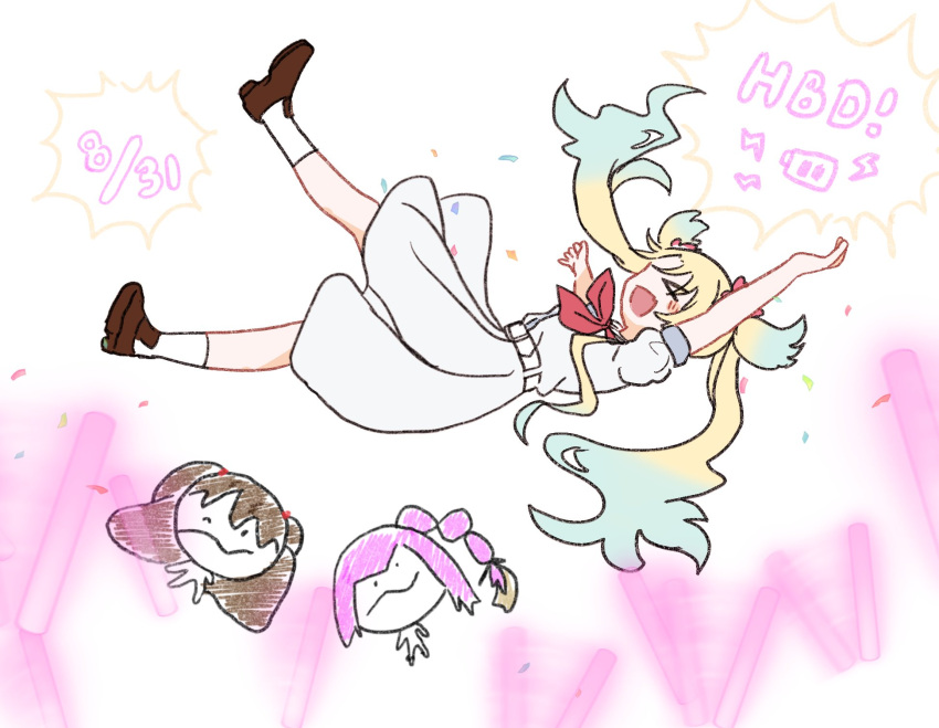 >_<, 3girls, :d, anyoji_hime, battery_indicator, black_ribbon, blonde_hair, blue_hair, brown_footwear, brown_hair, chibi, child's_drawing, commentary_request, confetti, dated, dress, fang, flower, fujishima_megumi, full_body, glowstick, gradient_hair, hair_flower, hair_ornament, hair_ribbon, happy_birthday, hasu_no_sora_school_uniform, highres, light_blue_hair, lightning_bolt_symbol, link!_like!_love_live!, loafers, long_hair, love_live!, medium_dress, mira-cra_park!, multi-tied_hair, multicolored_hair, multiple_girls, neckerchief, open_mouth, osawa_rurino, parted_bangs, penlight_(glowstick), pink_flower, pink_hair, pleated_dress, ponytail, puffy_short_sleeves, puffy_sleeves, red_neckerchief, ribbon, sailor_collar, sailor_dress, school_uniform, shoes, short_sleeves, sidelocks, simple_background, skin_fang, smile, socks, summer_uniform, twintails, two_side_up, very_long_hair, virtual_youtuber, watage_modoki, white_background, white_dress, white_sailor_collar, white_socks, xd