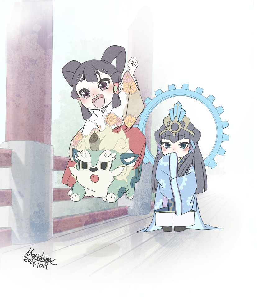 1boy, 2girls, aged_down, black_eyes, black_hair, blush, cheering, commentary_request
