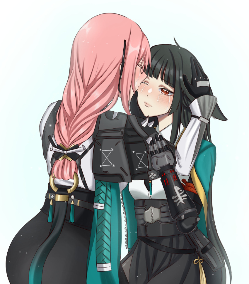 2girls, 9701athra, absurdres, animal_ears, black_gloves, black_skirt, blunt_bangs, blush, closed_eyes, closed_mouth, commission, crying, english_commentary, fox_ears, fox_girl, glasses, gloves, green_jacket, hand_on_another's_head, high-waist_skirt, highres, hoshimi_miyabi, jacket, kiss, kissing_eye, long_hair, multiple_girls, one_eye_closed, pink_hair, second-party_source, sidelocks, simple_background, skirt, standing, tsukishiro_yanagi, white_background, yuri, zenless_zone_zero