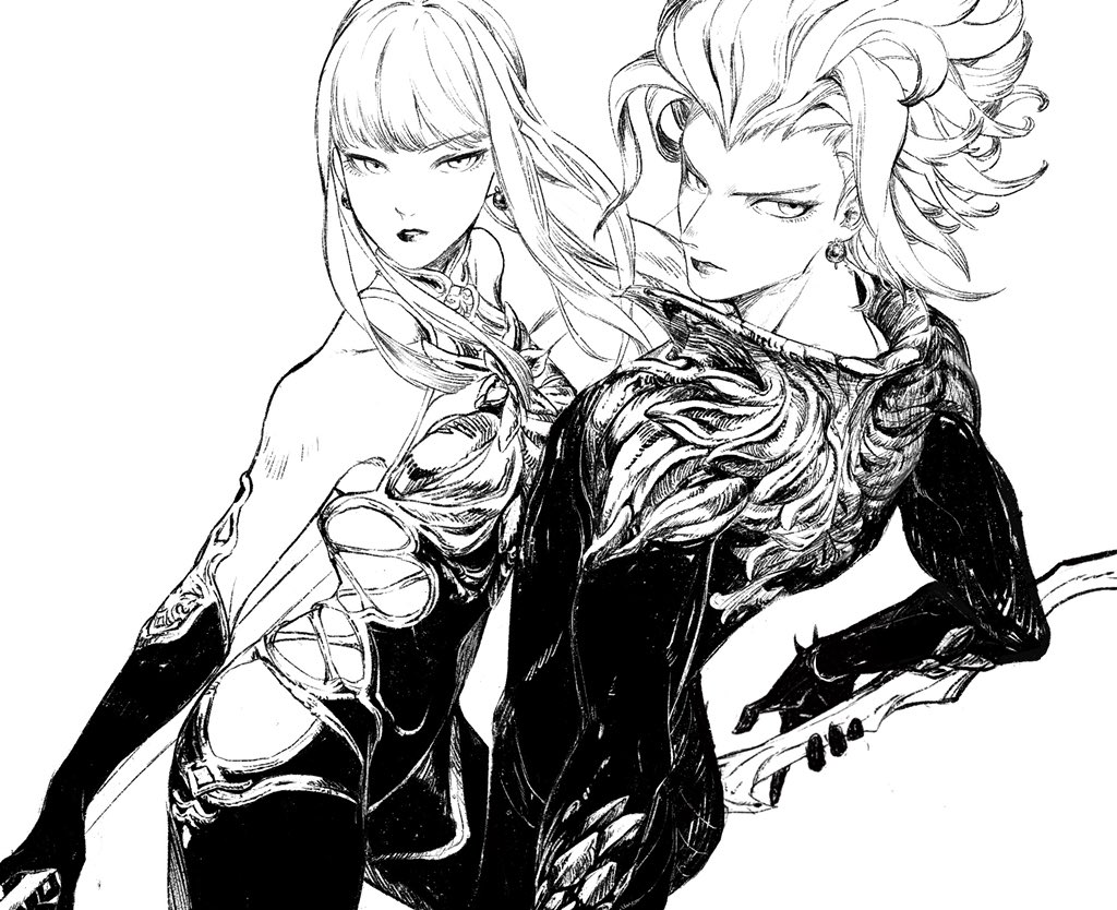 1boy, 1girl, androgynous, bare_shoulders, dual_persona, final_fantasy, final_fantasy_xiv, frown, gloves, holding, omega-f, omega-m, omega_(final_fantasy), piyomotsu, short_hair, simple_background, suit, white_background
