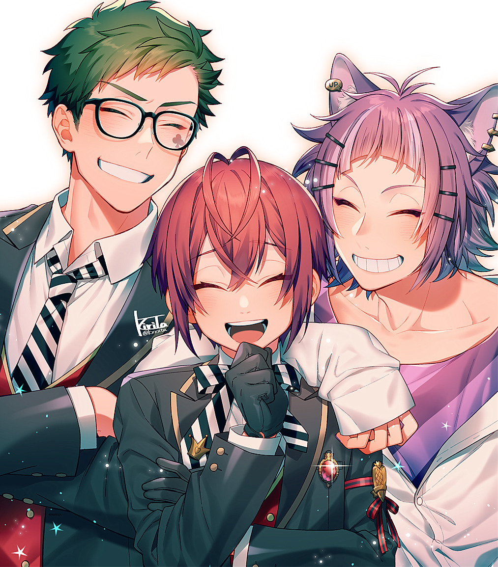 3boys, animal_ear_fluff, animal_ear_piercing, animal_ears, antenna_hair, arm_on_another's_shoulder, black_gloves, cat_ears