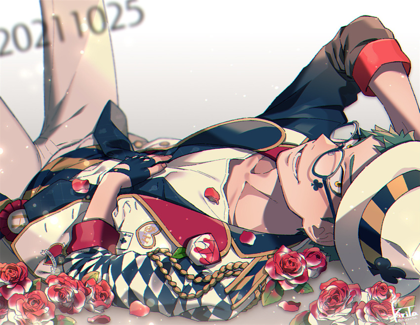 1boy, black_gloves, club_(shape), club_facial_mark, collarbone, dated, facial_mark, fingernails