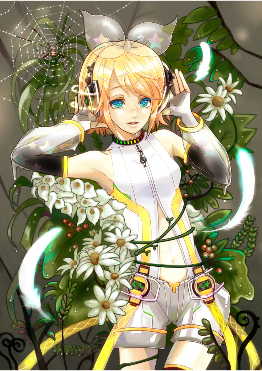absurdres, aqua_eyes, arm_warmers, blonde_hair, daisy, detached_sleeves, feathers, flower, hair_ornament, hair_ribbon, hairclip, hands_on_headphones, headphones, highres, ito_shi, kagamine_rin, kagamine_rin_(append), navel, ribbon, short_hair, shorts, smile, solo, spider, spider_web, vocaloid, vocaloid_append