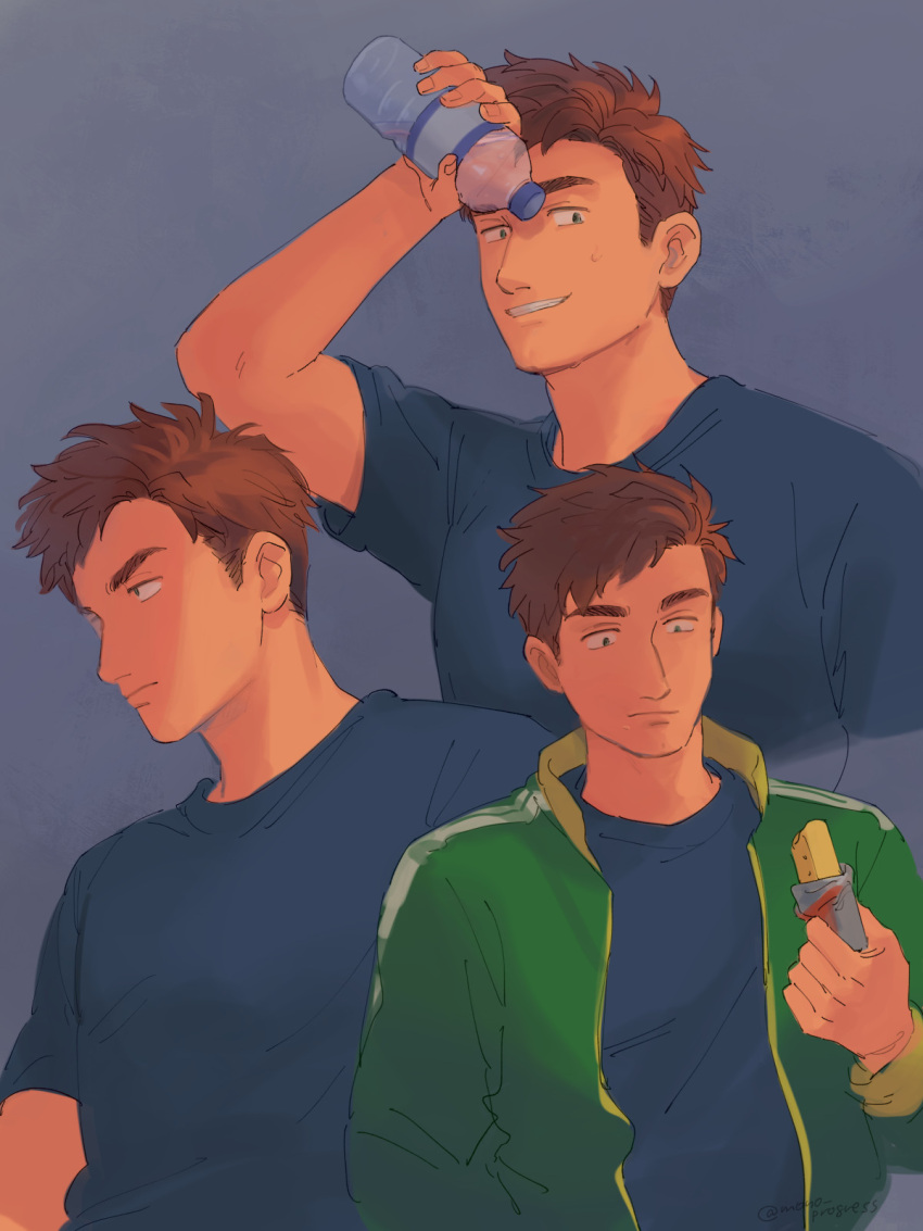 1boy, alex_(stardew_valley), arm_up, blue_shirt, bottle, brown_hair, closed_mouth, collared_jacket