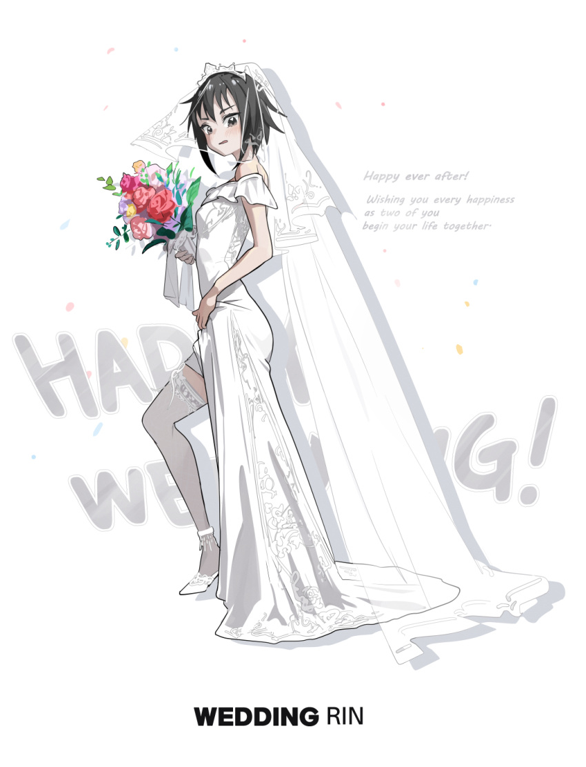 1girl, alternate_costume, bare_shoulders, black_eyes, black_hair, blush, bouquet, breasts
