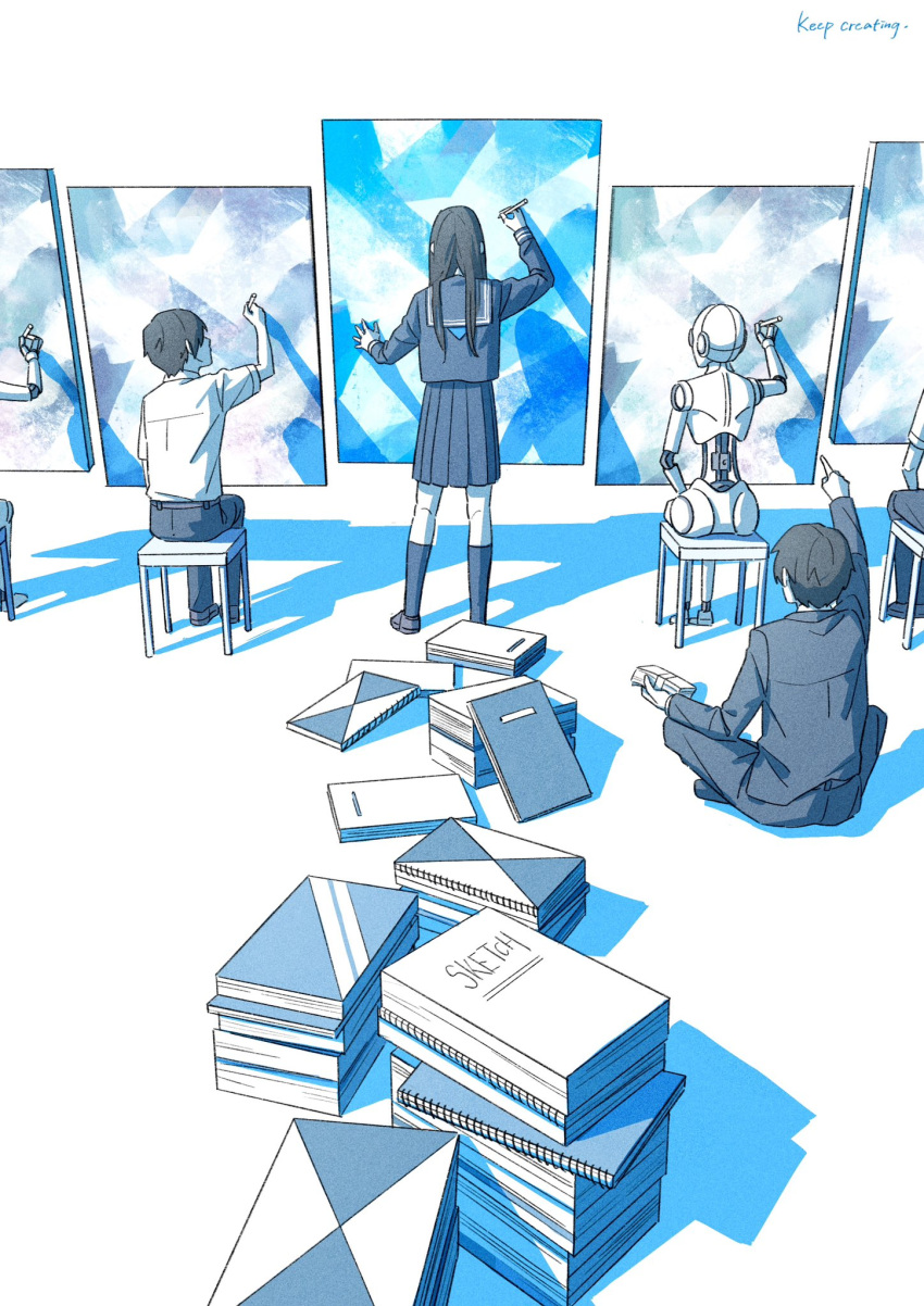 1girl, 3boys, banknote, blue_theme, book, book_stack, canvas_(object), currency_strap, english_text, full_body, highres, holding, holding_money, holding_pencil, imitating, long_hair, long_sleeves, looking_at_another, mele_ck, money, multiple_boys, on_floor, on_stool, original, pants, pencil, pointing, robot, sailor_collar, school_uniform, shirt, shoes, short_hair, short_sleeves, sitting, sketch, sketchbook, socks, standing, stool, suit