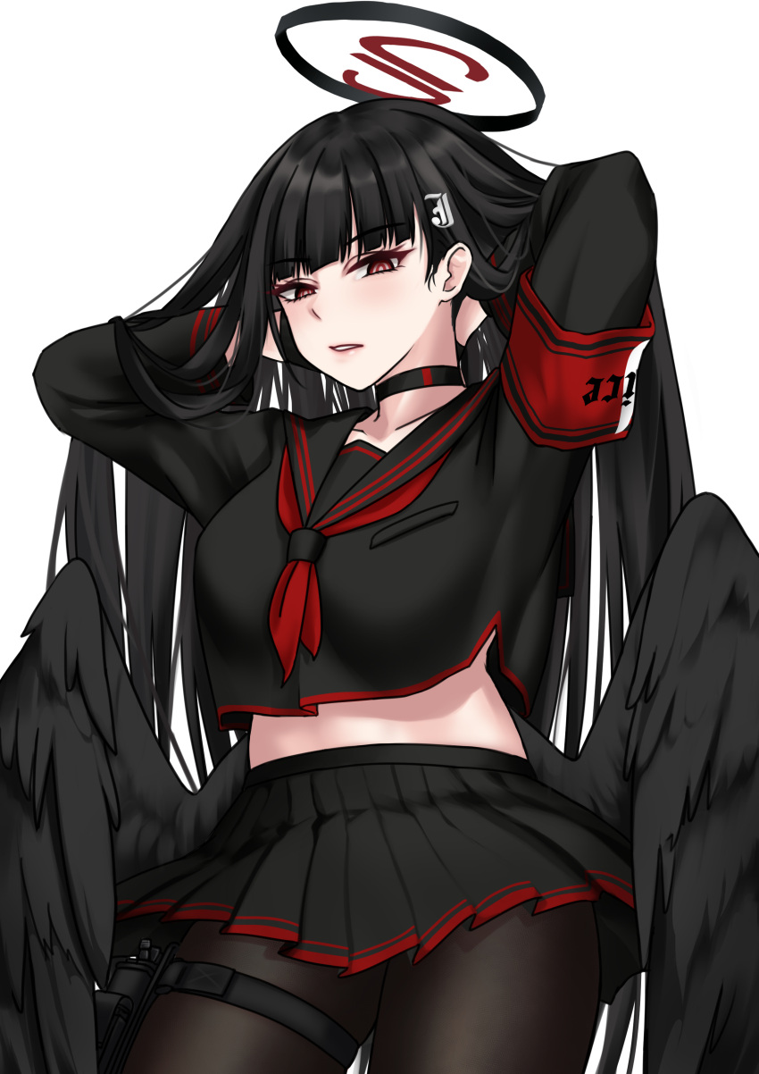 absurdres, black_choker, black_gloves, black_hair, black_pantyhose, black_serafuku, black_skirt, black_wings