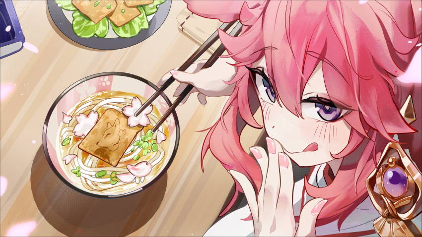 1girl, :q, bowl, chopsticks, commentary_request, flower, fukuuchi_udon_(genshin_impact), genshin_impact