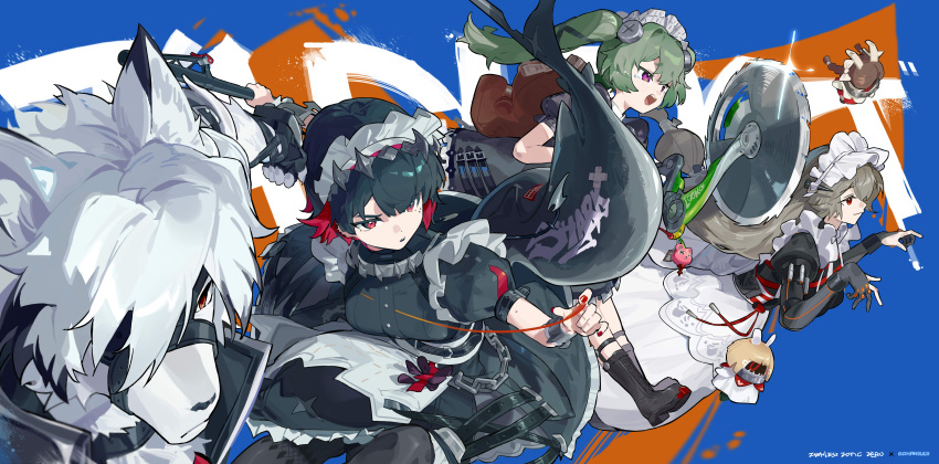 1boy, 3girls, absurdres, alexandrina_sebastiane, anastella_(zenless_zone_zero), animal_ears, bangboo_(zenless_zone_zero), black_dress