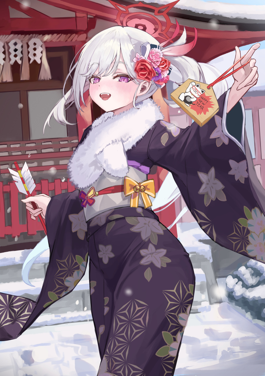 1girl, absurdres, arrow_(projectile), blue_archive, commentary_request, floral_print, flower, grey_hair