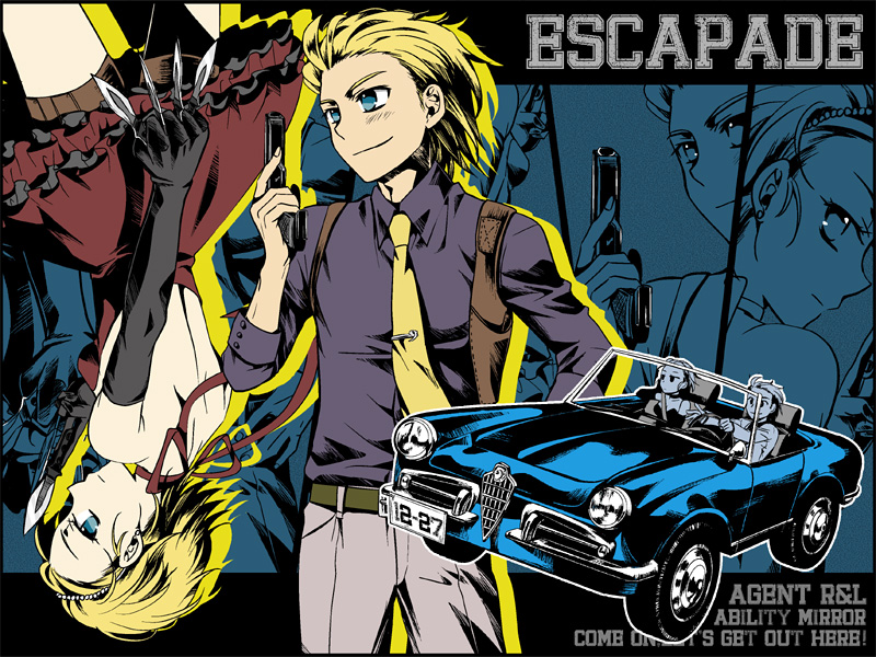 arihara_ema, blonde_hair, car, dress, elbow_gloves, gloves, gun, holster