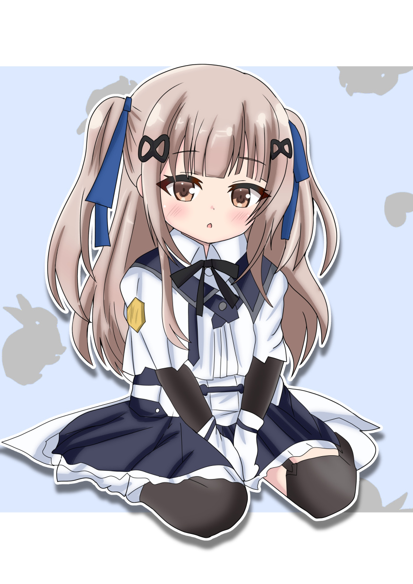 1girl, absurdres, aged_down, assault_lily, between_legs, black_ribbon, black_skirt, black_thighhighs