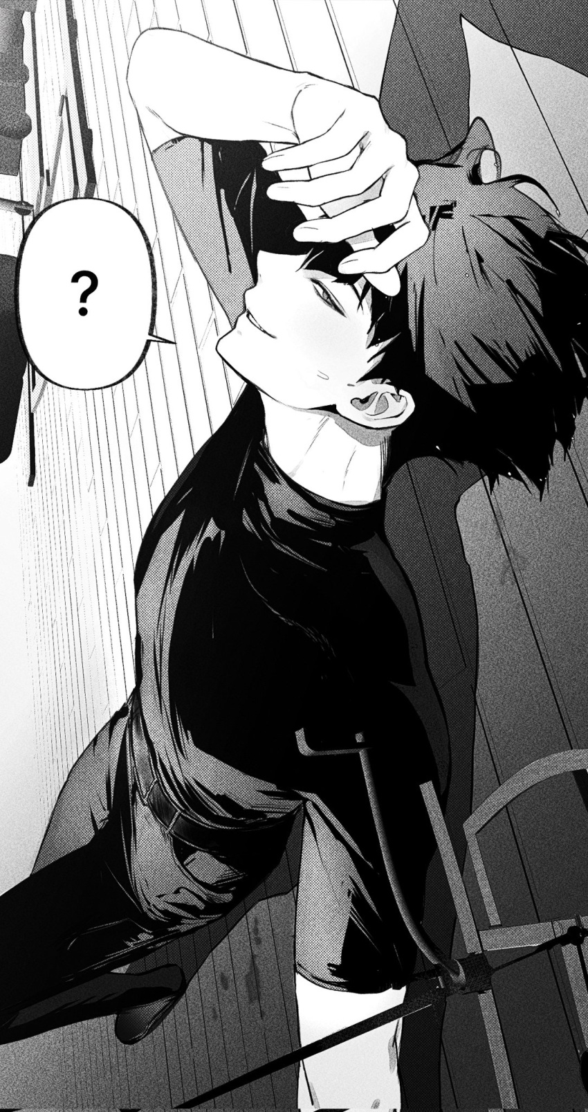 1boy, 9u90ng, ?, greyscale, gugong_(90_un), highres, hoshina_soshiro, indoors