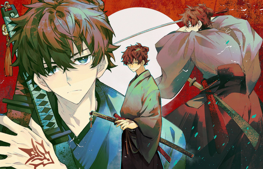 1boy, black_hakama, blue_eyes, blue_kimono, brown_hair, command_spell, fate/samurai_remnant, fate_(series)