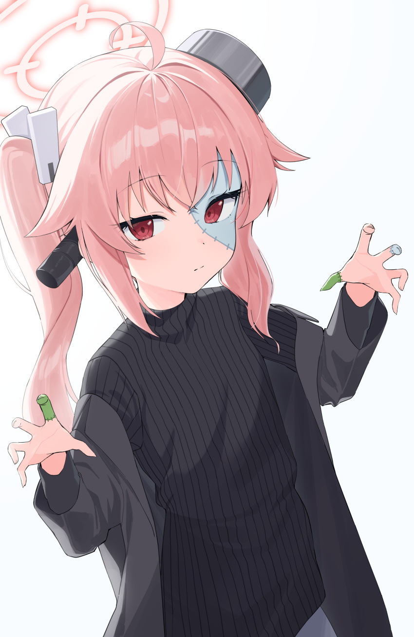1girl, absurdres, ahoge, black_coat, black_shirt, blue_archive, bolt_hair_ornament, claw_pose