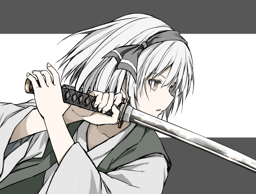 1girl, absurdres, black_hairband, bob_cut, brown_eyes, commentary_request, expressionless, fighting_stance, grey_background, hairband, highres, holding, holding_sword, holding_weapon, japanese_clothes, kataginu, katana, kimono, konpaku_youmu, medium_hair, muted_color, profile, shimoda_masaya, simple_background, solo, sword, sword_guard_stance, touhou, upper_body, weapon, white_background, white_hair, white_kimono