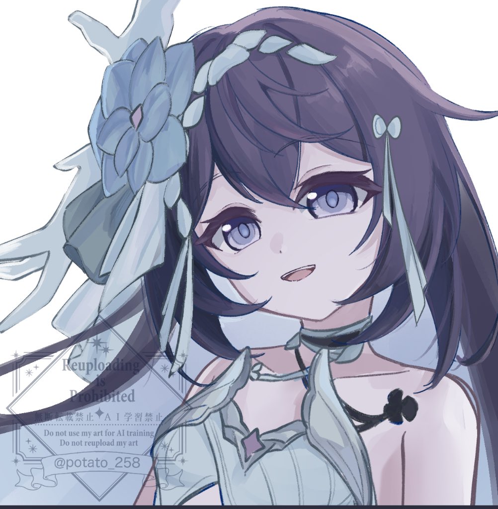 1girl, artist_name, bare_shoulders, blue_eyes, blue_flower, blue_hair, colored_inner_hair, dress