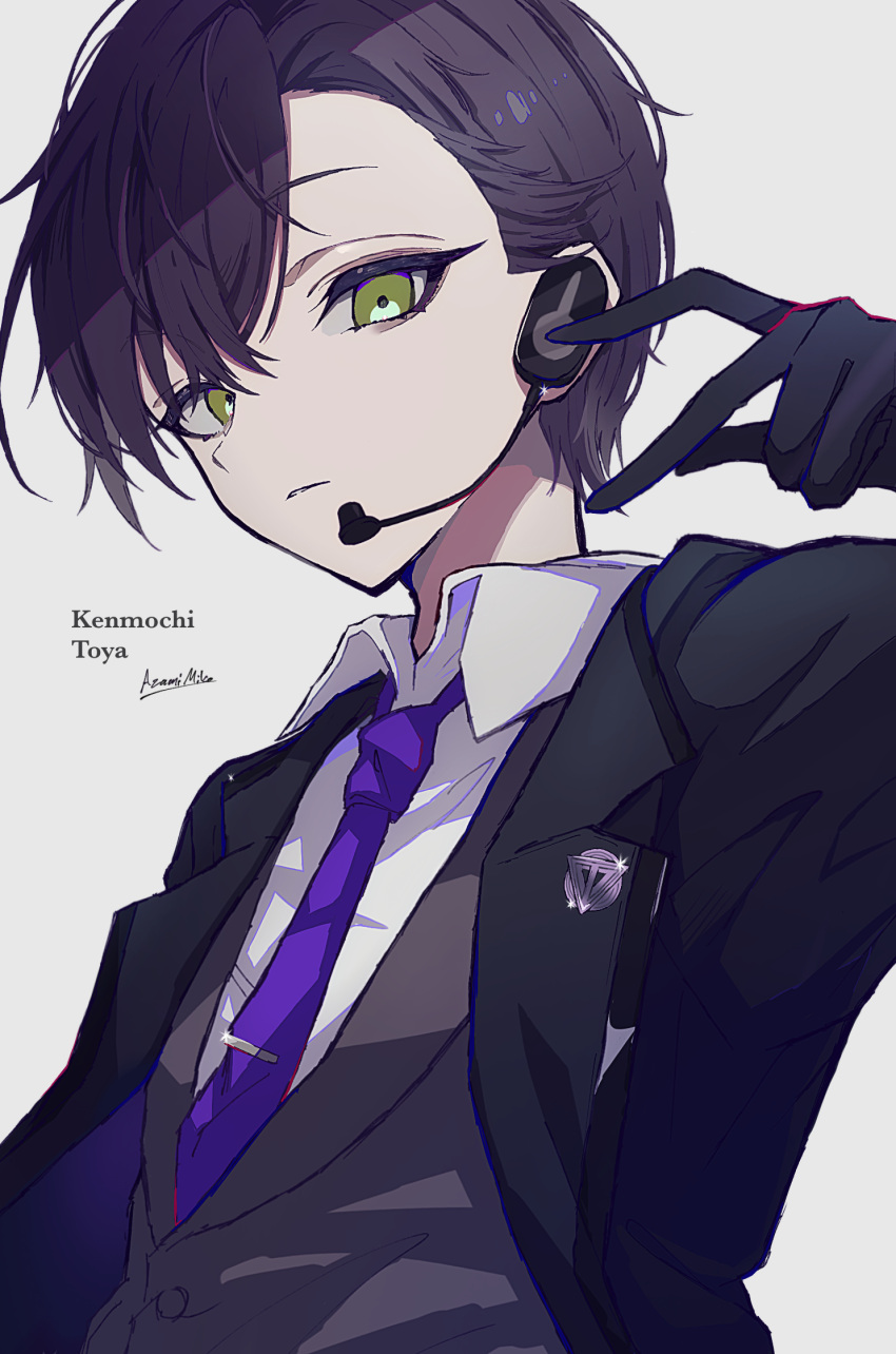 1boy, artist_name, asymmetrical_bangs, azami_miko, black_gloves, black_hair, black_jacket, character_name