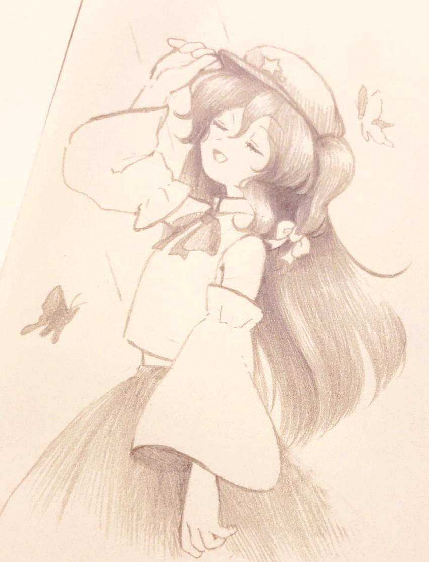 1girl, :d, bare_shoulders, cabbie_hat, closed_eyes, commentary, cowboy_shot, detached_sleeves