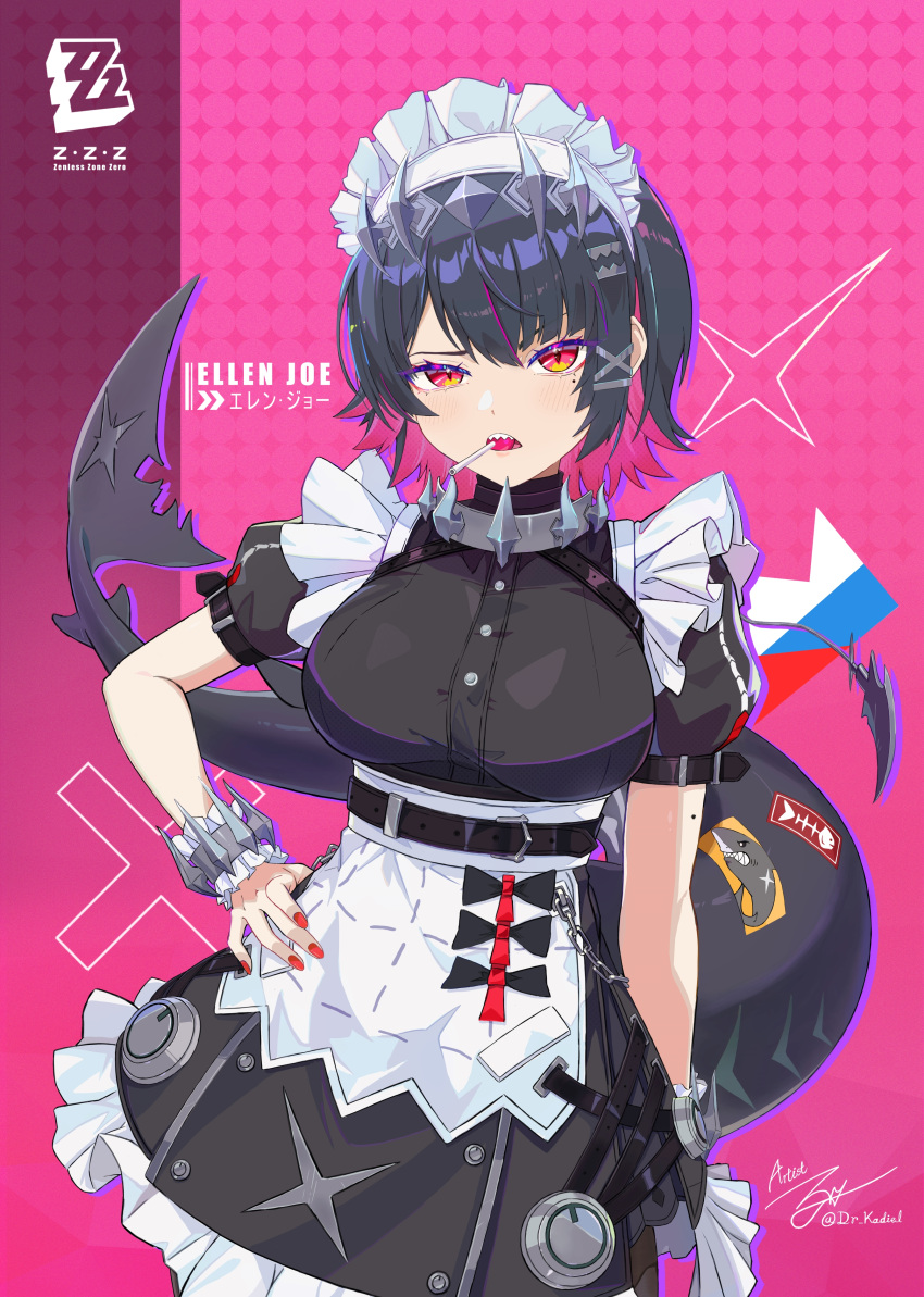1girl, absurdres, apron, belt, black_belt, black_dress, black_hair, blue_background