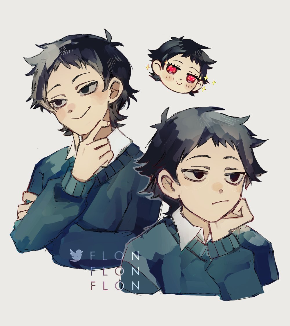 1boy, black_hair, blue_sweater, blush, bored, collared_shirt, commentary, english_commentary