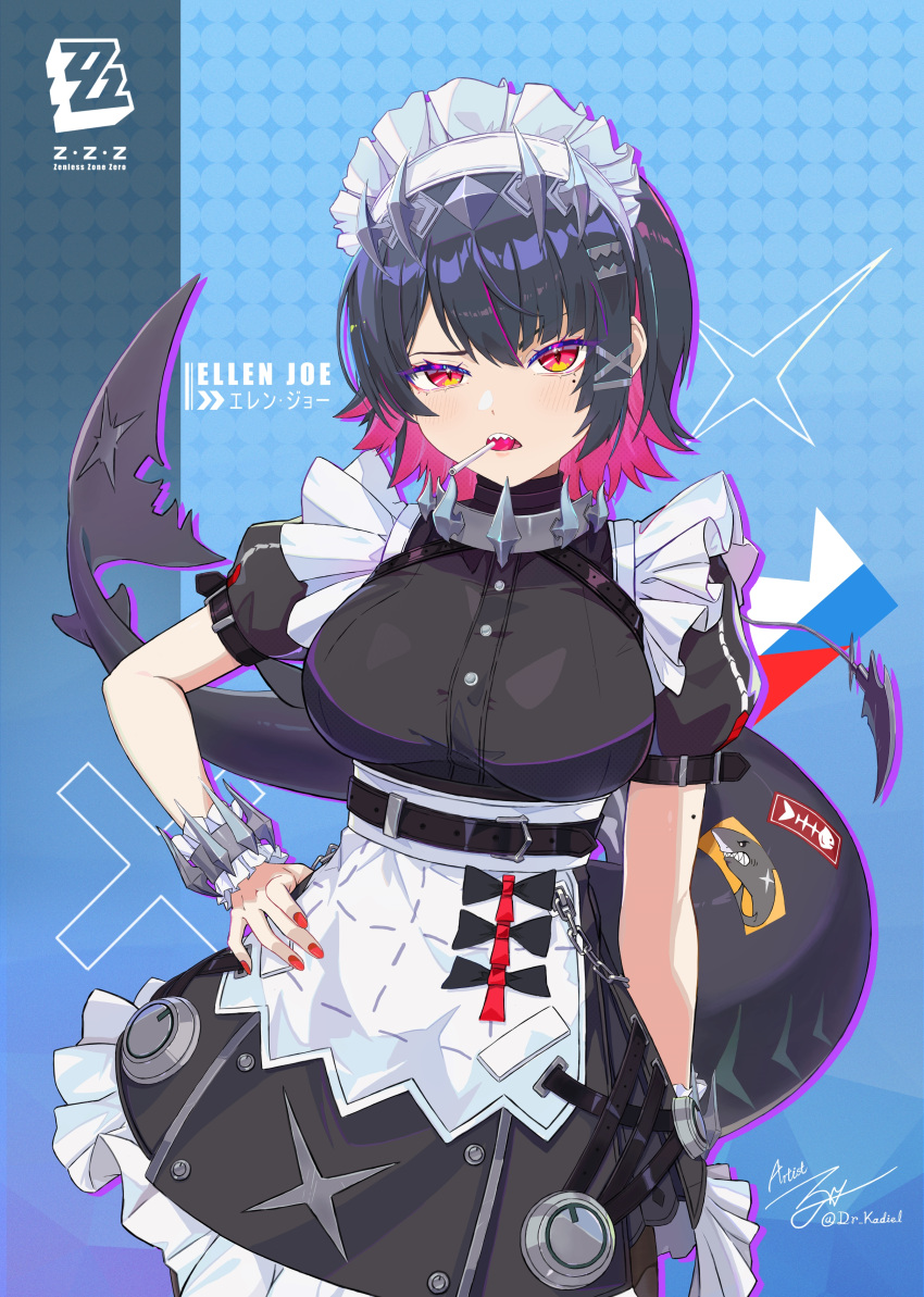1girl, absurdres, apron, belt, black_belt, black_dress, black_hair, blue_background