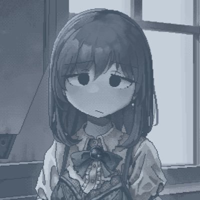 :/, alternate_costume, bad_source, bow, bowtie, buttons, collared_shirt, earrings, frills, frown, gem, glass, hamsterfragment, jewelry, looking_at_viewer, lowres, monochrome, original, profile_picture, shirt, short_hair, spaghetti_strap, suicidal_girl_(hamsterfragment), window