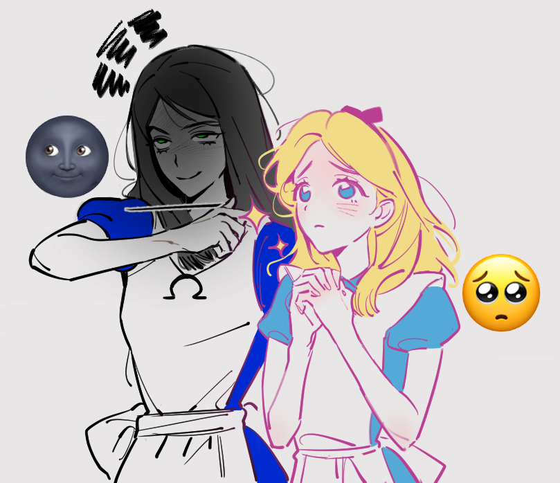 2girls, alice:_madness_returns, alice_(alice_in_wonderland), alice_in_wonderland, alice_liddell_(american_mcgee's_alice), american_mcgee's_alice, apron, black_hair, black_hairband, blonde_hair, blue_dress, blue_eyes, blush, breasts, character_request, disney, dress, ea_games, emoji, flat_chest, grin, hairband, hand_up, light_frown, long_hair, multiple_girls, new_moon_face_emoji, own_hands_clasped, own_hands_together, pankepen, parted_bangs, pleading_face_emoji, puffy_short_sleeves, puffy_sleeves, shaded_face, short_sleeves, simple_background, slit_throat_(gesture), small_breasts, smile, squiggle, star_(symbol), white_apron, white_background, yellow_eyes