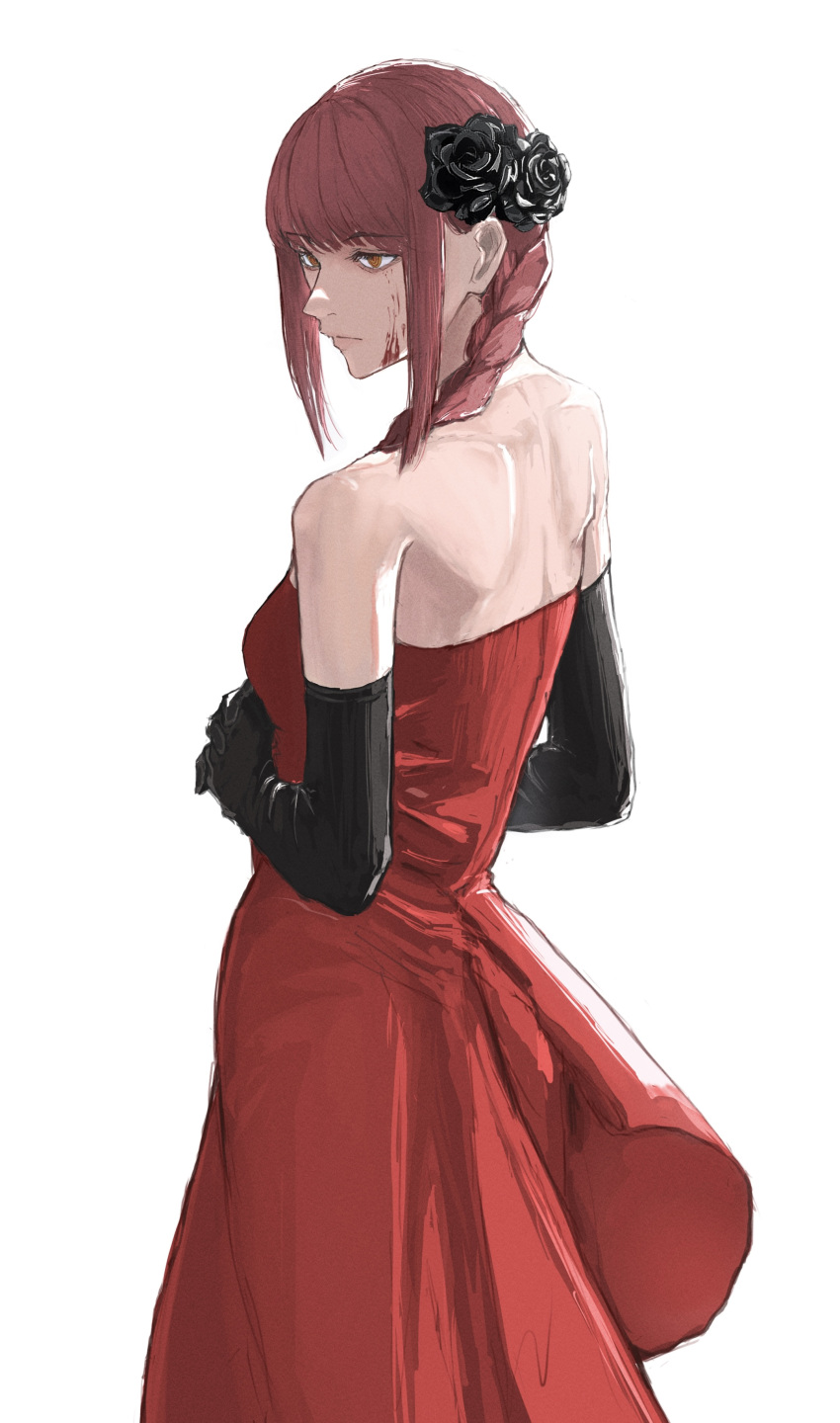 1girl, absurdres, armald0, back, black_flower, black_gloves, blood, blood_on_face, braid, braided_ponytail, chainsaw_man, commentary, dress, elbow_gloves, flower, gloves, hair_flower, hair_ornament, highres, makima_(chainsaw_man), red_dress, redhead, ringed_eyes, shoulder_blades, simple_background, solo, white_background