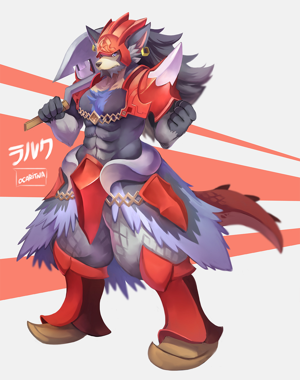 1boy, abs, animal_ears, armor, artist_name, axe, black_fur, black_hair