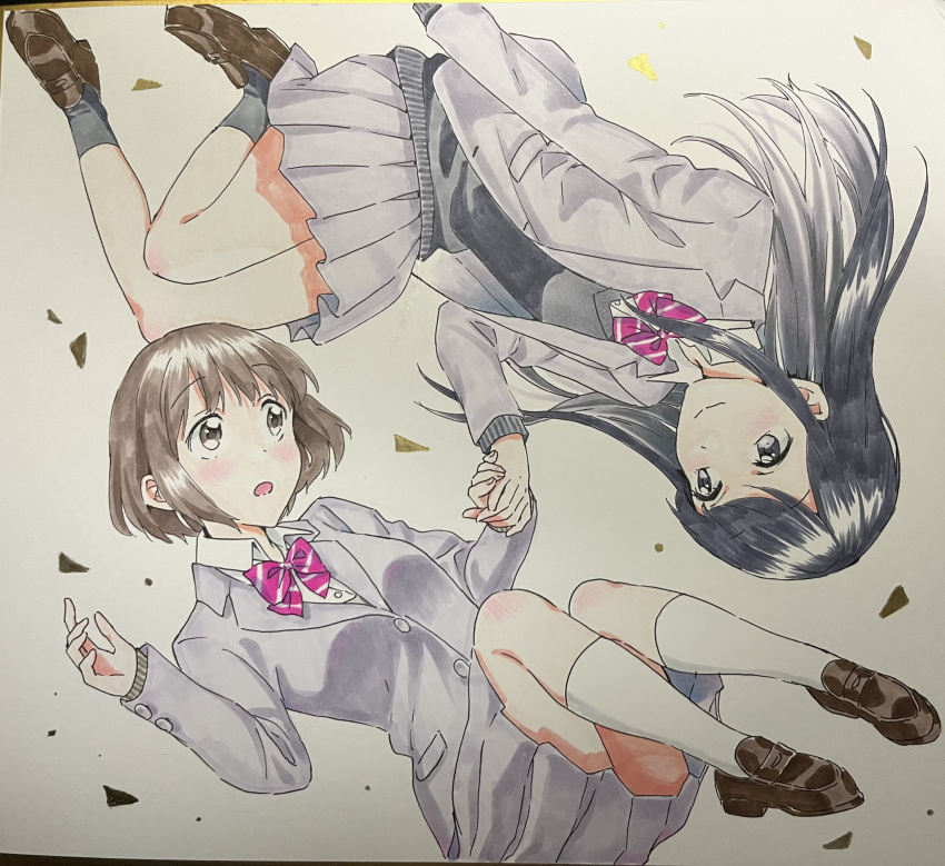 2girls, :o, black_hair, brown_hair, fragtime, highres, holding_hands, long_hair