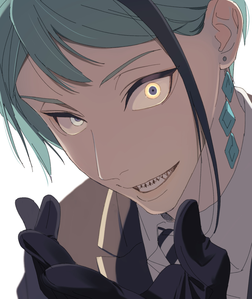 1boy, asymmetrical_hair, black_gloves, commentary_request, ear_piercing, earrings, gloves, green_hair