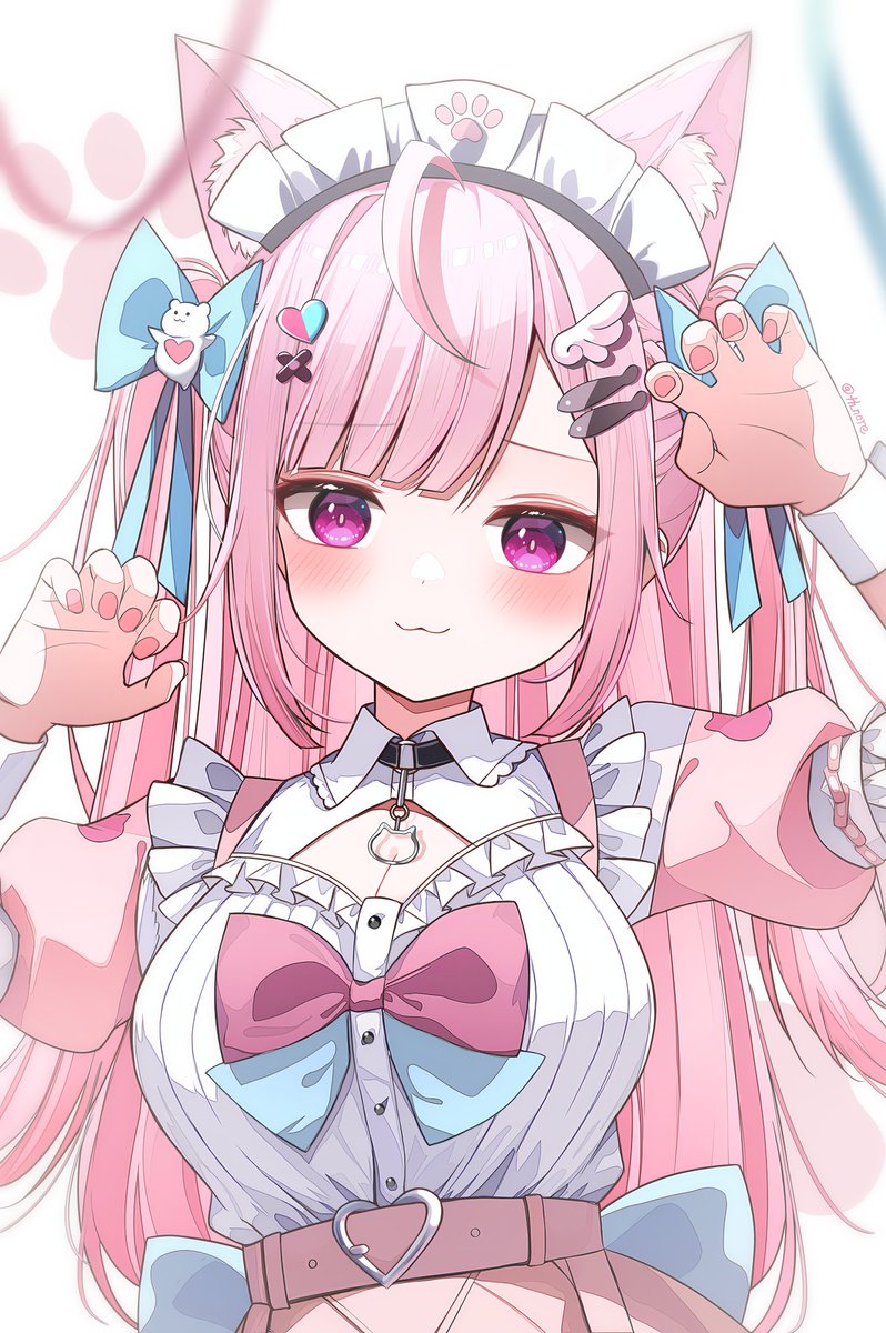 1girl, :3, animal_ear_fluff, aqua_bow, bandaid, bandaid_hair_ornament, belt, bow