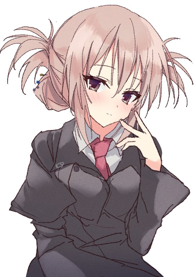 1girl, black_jacket, brown_eyes, closed_mouth, collared_shirt, double_bun, hair_between_eyes, hair_bun, hair_ornament, hairpin, hand_up, jacket, juliet_sleeves, light_brown_hair, long_hair, long_sleeves, looking_at_viewer, necktie, puffy_sleeves, red_necktie, s_konse, sakura_no_uta, school_uniform, shirt, simple_background, smile, solo, standing, toritani_makoto, upper_body, white_background, white_shirt, wing_print