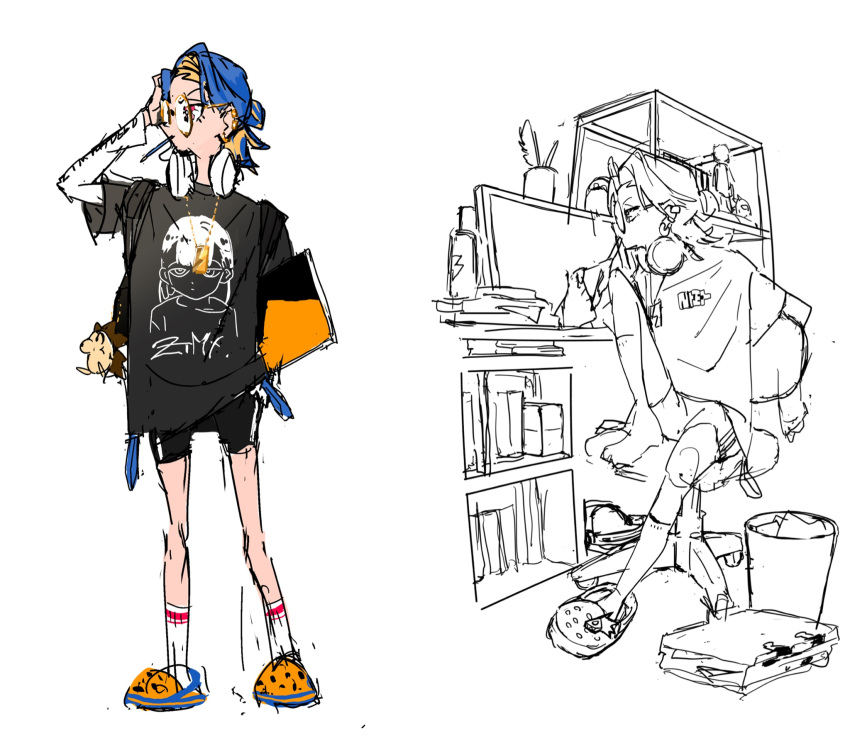 2girls, adjusting_hair, animal_charm, backpack, bag, black_background, black_out, black_outline, black_shorts, black_sleeves, blonde_hair, blue_hair, book, can, character_charm, character_print, charm_(object), colored_inner_hair, commentary_request, computer, concept_art, crocs, desk, drink_can, energy_drink, glasses, gradient_clothes, gradient_shirt, hair_bun, half_updo, headphones, headphones_around_neck, highres, holding, holding_pencil, holding_sketchbook, jpeg_artifacts, kneehighs, layered_sleeves, legs_apart, long_sleeves, looking_at_object, maruman_(brand), maruman_sketchbook, mouth_hold, multicolored_hair, multiple_girls, naga_(zutomayo), neko_reset_(zutomayo), nira-chan, nira-chan_(animator)_(neko_reset)_(zutomayo), nira-chan_(obenkyou_shitoiteyo)_(zutomayo), obenkyou_shitoiteyo, official_art, orange_footwear, outline, partially_colored, pencil, plant, print_shirt, production_art, profile, red_eyes, rimless_eyewear, round_eyewear, shimatsuku, shirt, short_over_long_sleeves, short_shorts, short_sleeves, shorts, single_hair_intake, sitting, sketch, sketchbook, socks, soda_can, standing, swivel_chair, trash_can, tube_socks, two-tone_hair, uniguri_(zutomayo), unworn_footwear, white_sleeves, white_socks, zutto_mayonaka_de_ii_no_ni