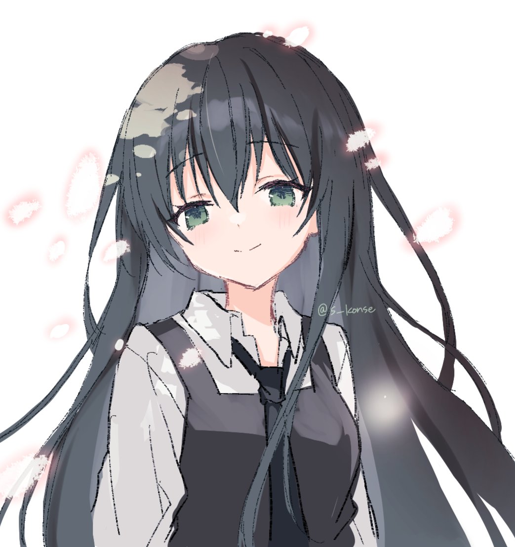 1girl, black_dress, black_hair, black_necktie, closed_mouth, collared_shirt, dot_nose, dress, green_eyes, hair_between_eyes, long_hair, long_sleeves, looking_at_viewer, natsume_ai, necktie, pinafore_dress, pink_petals, s_konse, sakura_no_toki, shirt, simple_background, sleeveless, sleeveless_dress, smile, solo, standing, twitter_username, upper_body, very_long_hair, white_background, white_shirt