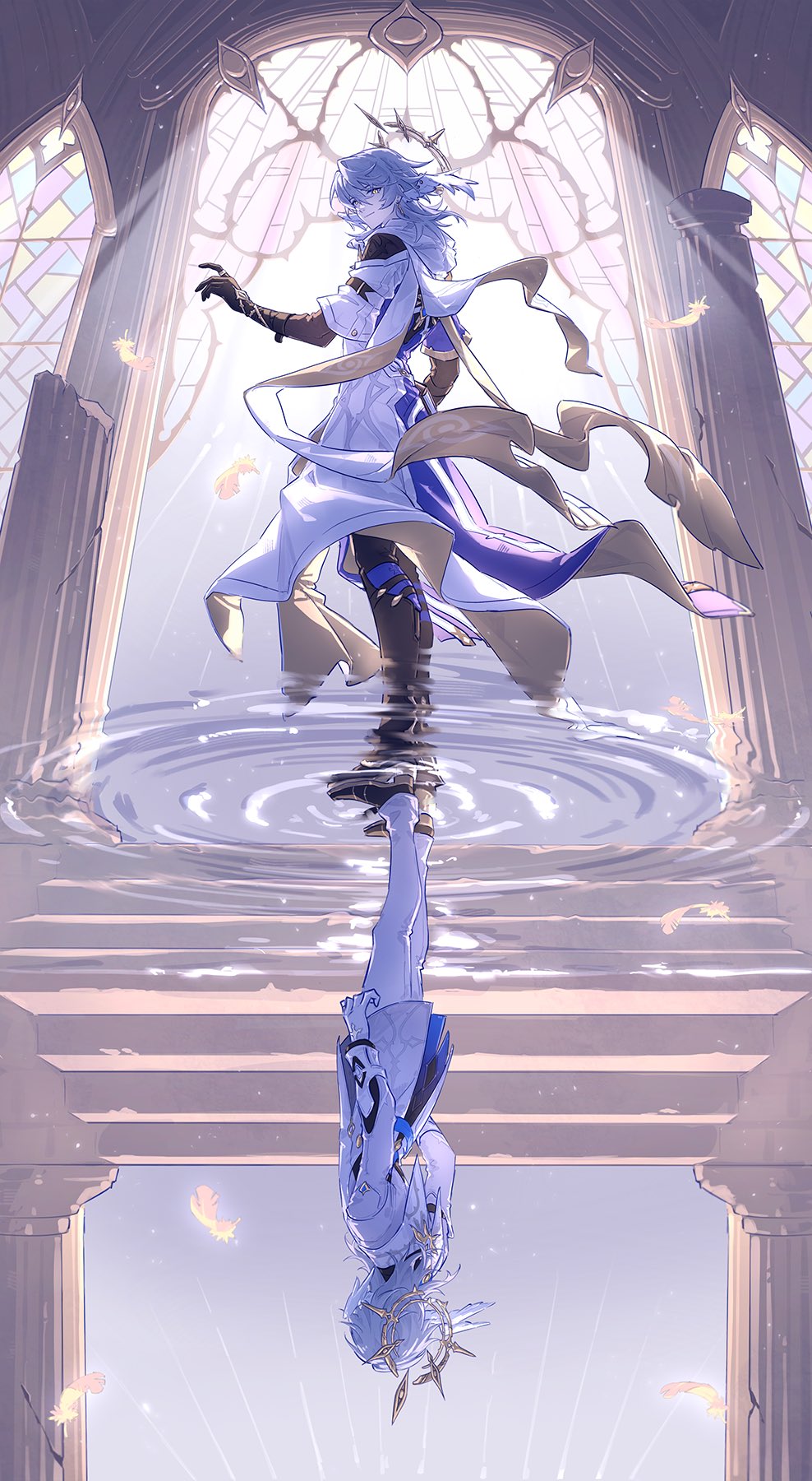 1boy, black_gloves, black_pants, blue_hair, clothing_cutout, coat, commentary, different_reflection