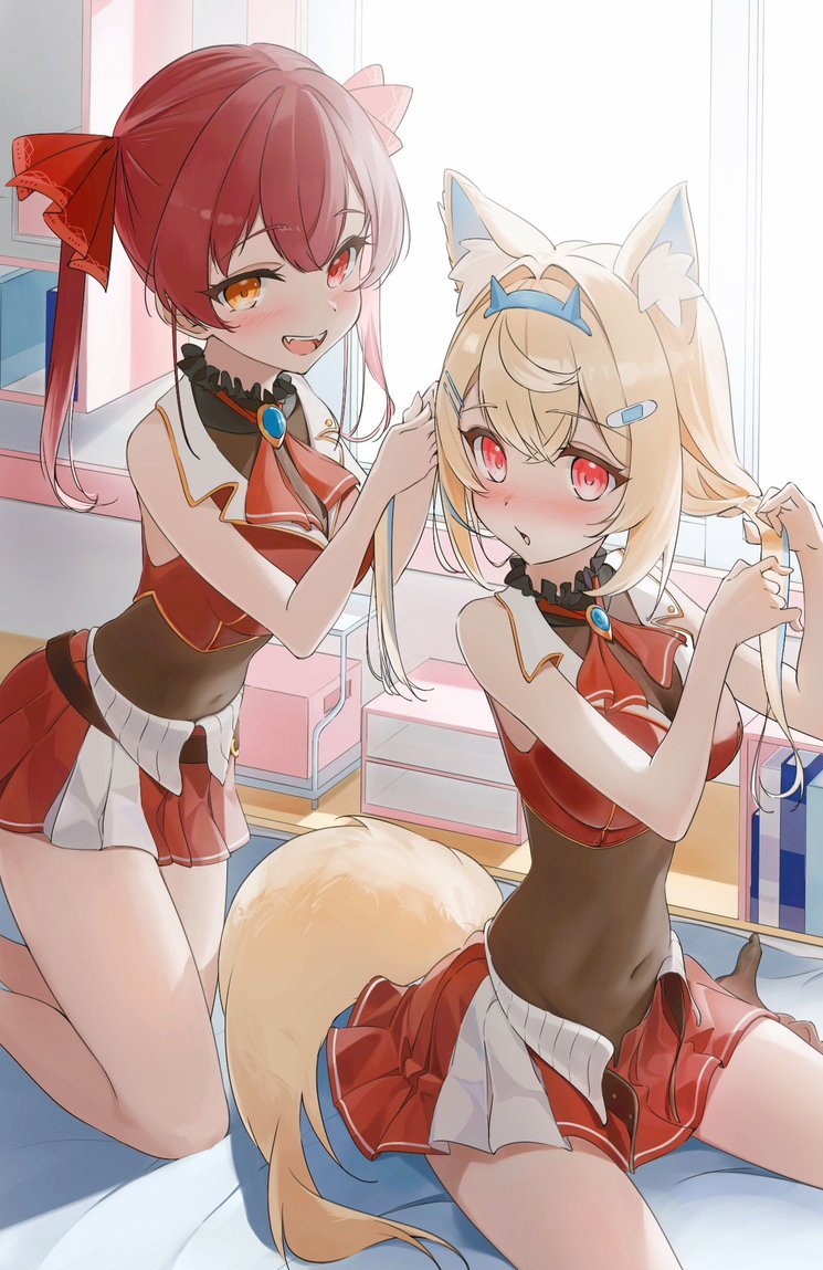2girls, animal_ear_fluff, animal_ears, blonde_hair, breasts, cosplay, covered_navel, cropped_jacket, dog_ears, dog_girl, dog_tail, fangs, fuwawa_abyssgard, hair_between_eyes, heterochromia, hololive, hololive_english, houshou_marine, houshou_marine_(1st_costume), houshou_marine_(cosplay), kneeling, large_breasts, long_hair, multiple_girls, open_mouth, red_eyes, red_skirt, redhead, sakashita_001, sitting, skirt, tail, twintails, virtual_youtuber, wariza, white_skirt, yellow_eyes