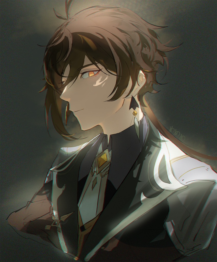 1boy, antenna_hair, brown_hair, brown_jacket, brown_shirt, closed_mouth, collared_shirt, earrings