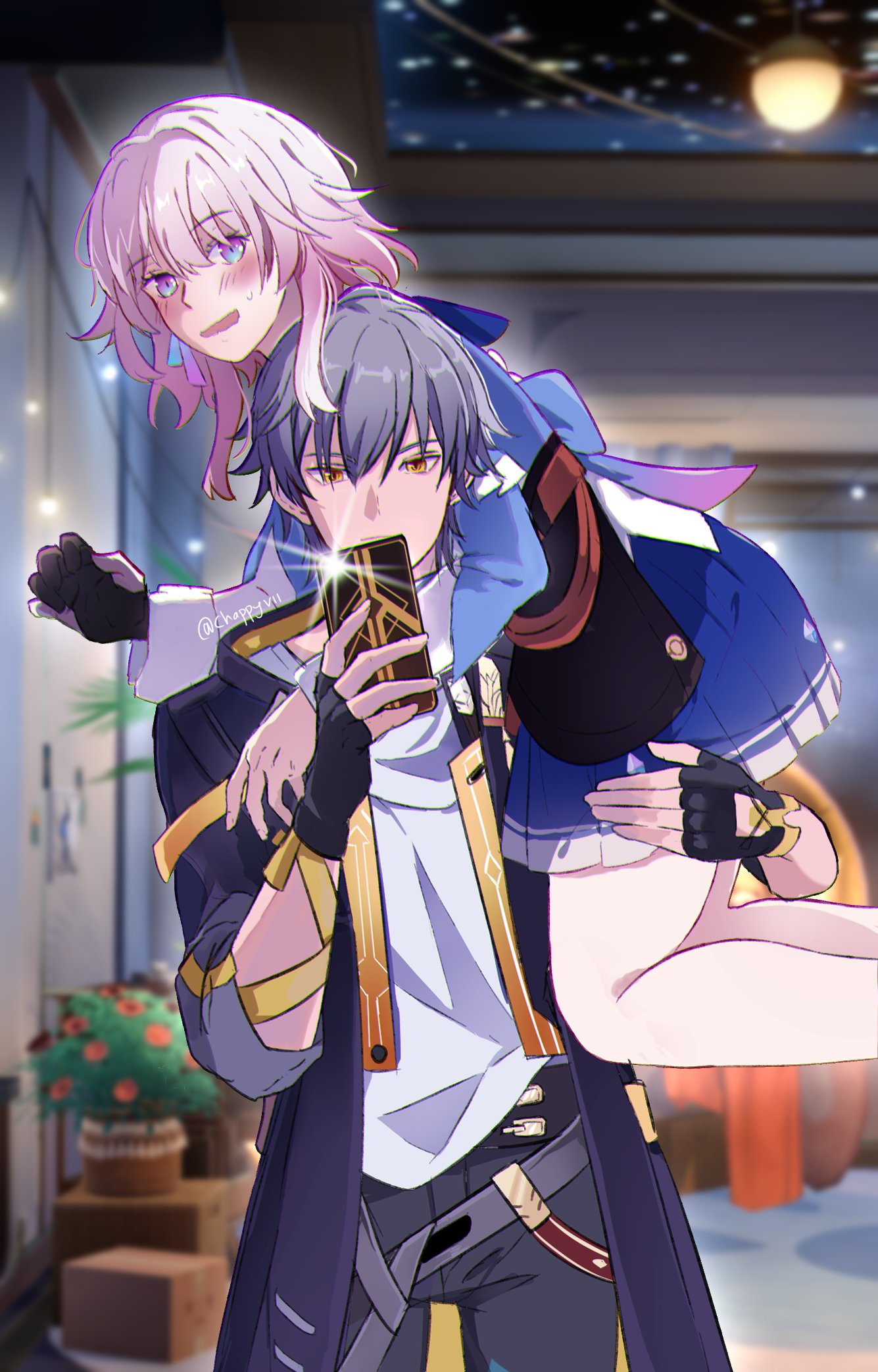 1boy, 1girl, arm_ribbon, artist_name, black_coat, black_gloves, black_pants, blue_eyes